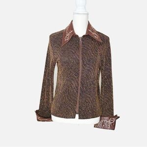 Elegant Brown Embellished Women's Zippered Front Western Top